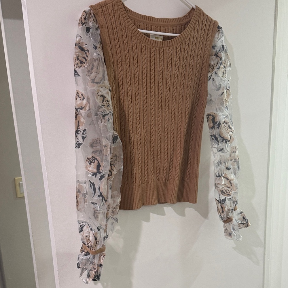 Maeve Camel Knit Tank with Floral Sheer Puff Sleeves